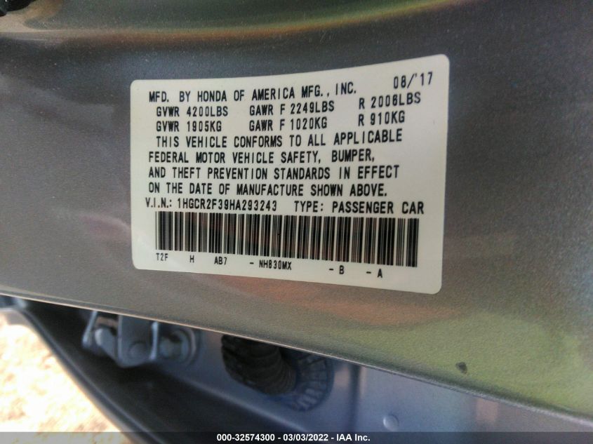2017 HONDA ACCORD SEDAN LX 1HGCR2F39HA293243