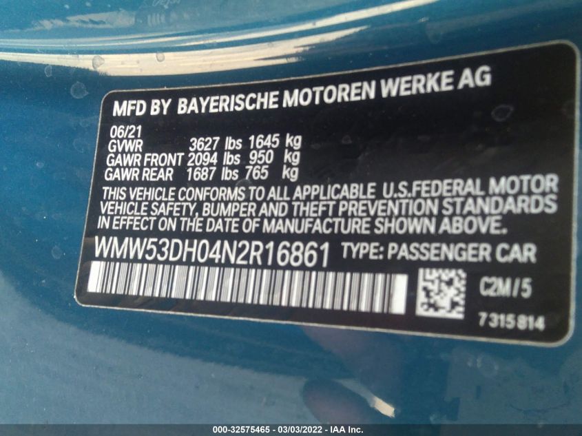 2022 MINI HARDTOP 2 DOOR COOPER S WMW53DH04N2R16861