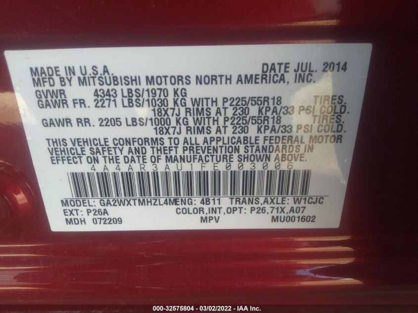 2015 MITSUBISHI OUTLANDER SPORT ES 4A4AR3AU1FE003006