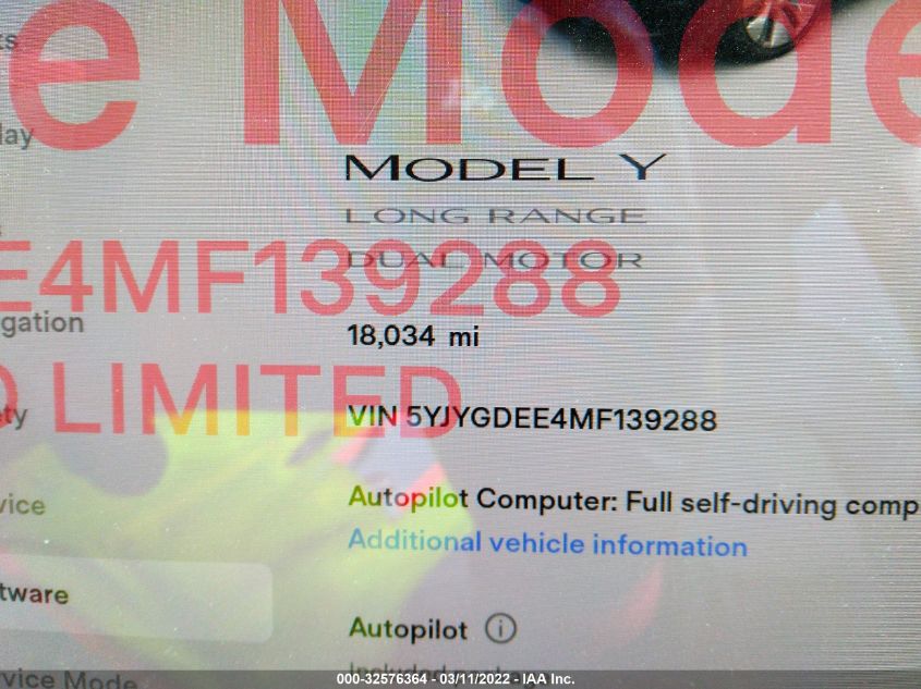 2021 TESLA MODEL Y LONG RANGE 5YJYGDEE4MF139288
