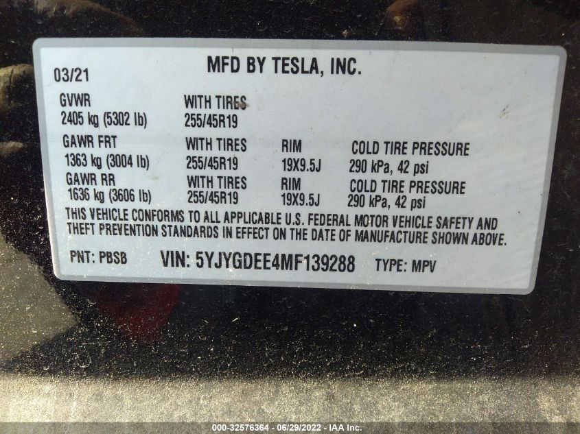 2021 TESLA MODEL Y LONG RANGE 5YJYGDEE4MF139288