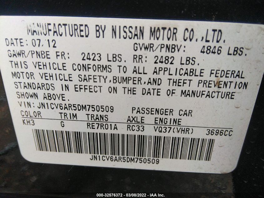 2013 INFINITI G37 SEDAN X JN1CV6AR5DM750509