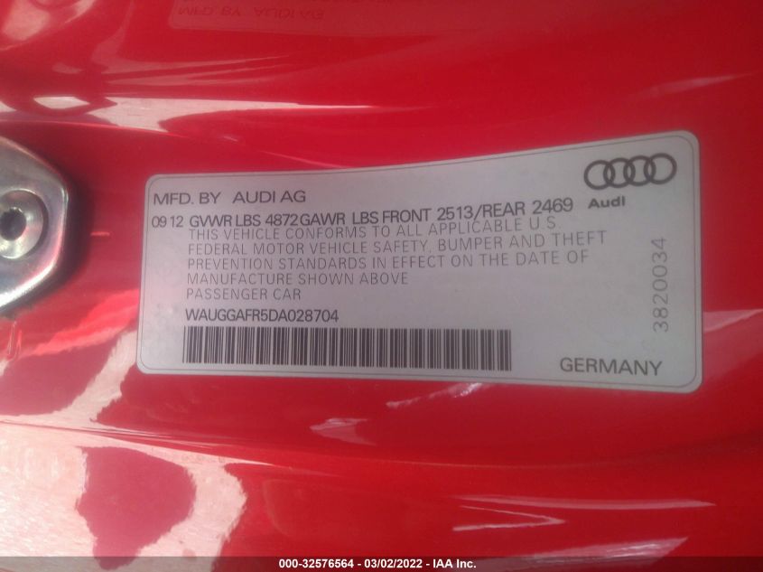 2013 AUDI S5 PREMIUM PLUS WAUGGAFR5DA028704