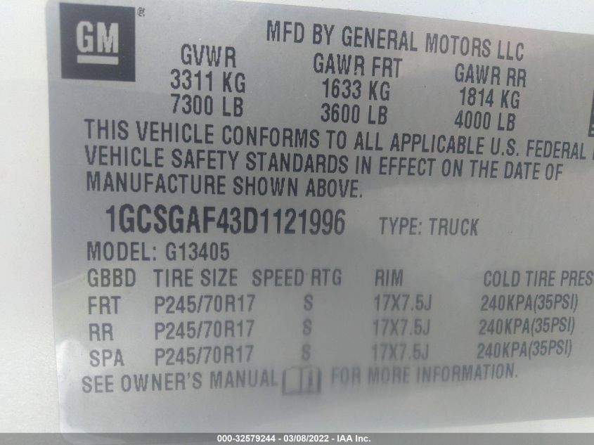 2013 CHEVROLET EXPRESS CARGO VAN 1GCSGAF43D1121996