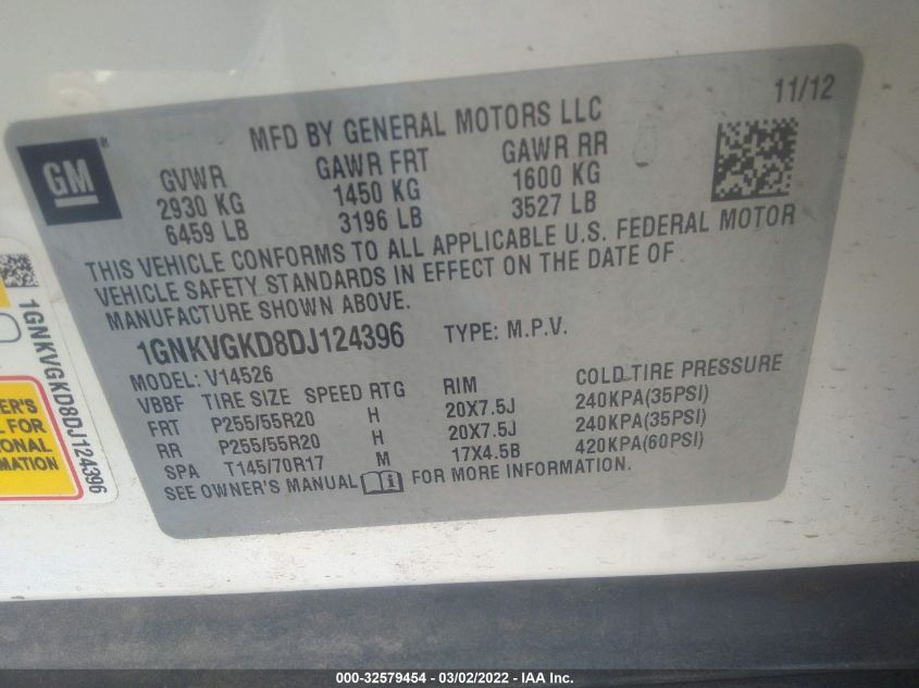 2013 CHEVROLET TRAVERSE LT 1GNKVGKD8DJ124396