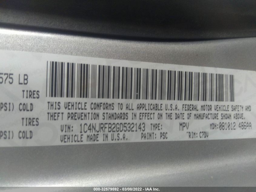 2016 JEEP PATRIOT LATITUDE 1C4NJRFB2GD532143