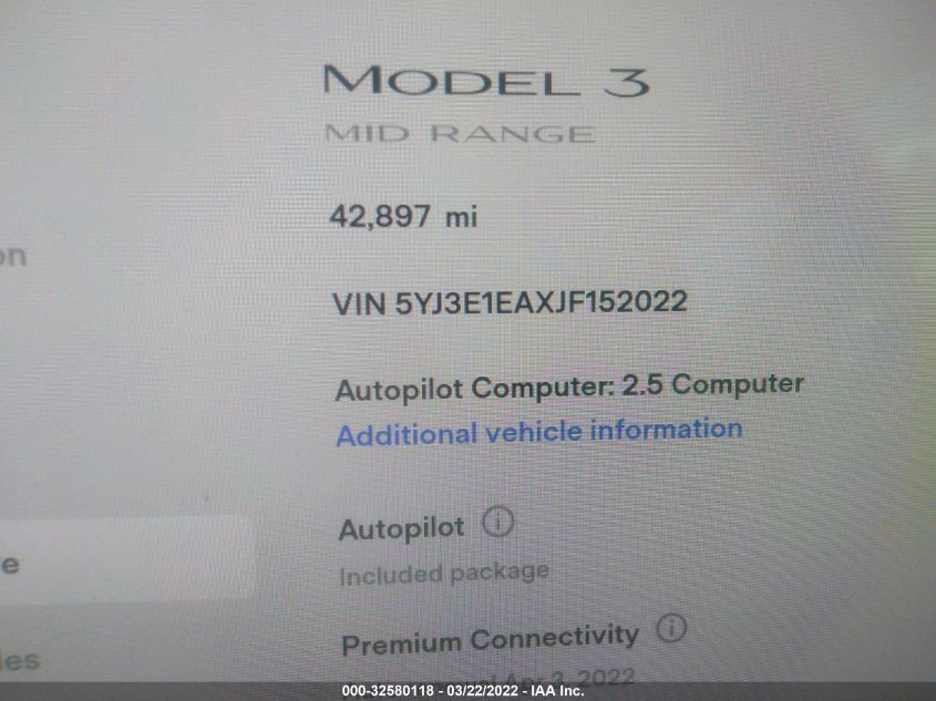 2018 TESLA MODEL 3 RANGE BATTERY 5YJ3E1EAXJF152022