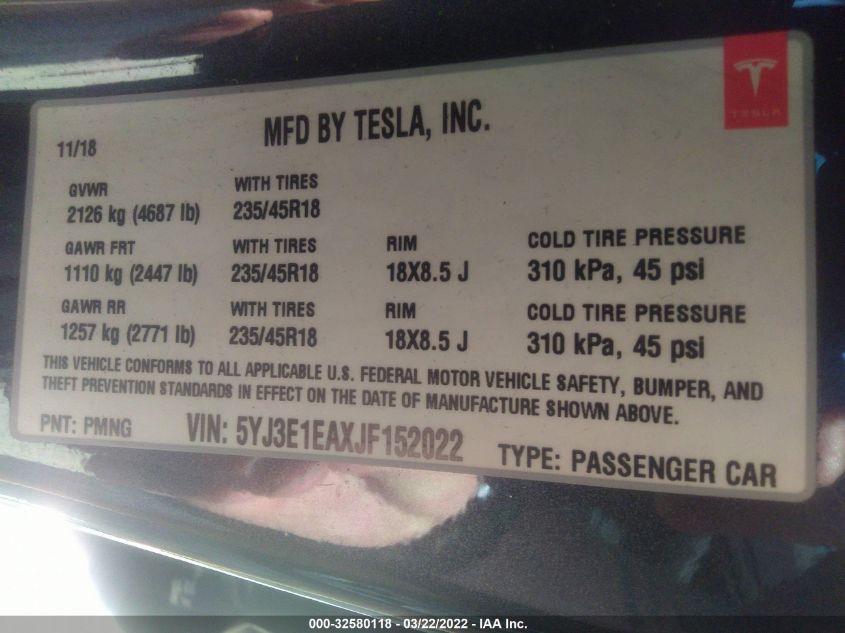 2018 TESLA MODEL 3 RANGE BATTERY 5YJ3E1EAXJF152022