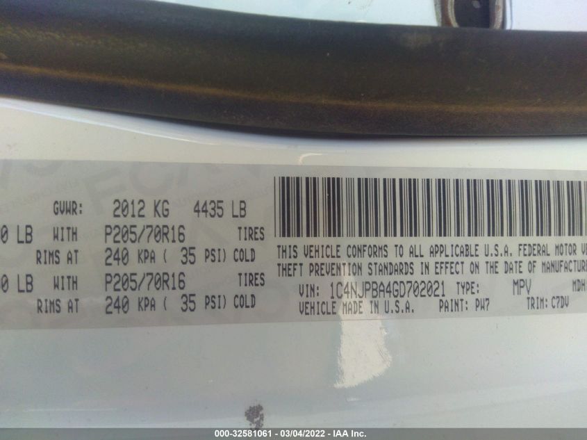 2016 JEEP PATRIOT SPORT 1C4NJPBA4GD702021
