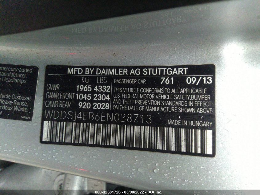 2014 MERCEDES-BENZ CLA-CLASS CLA 250 WDDSJ4EB6EN038713