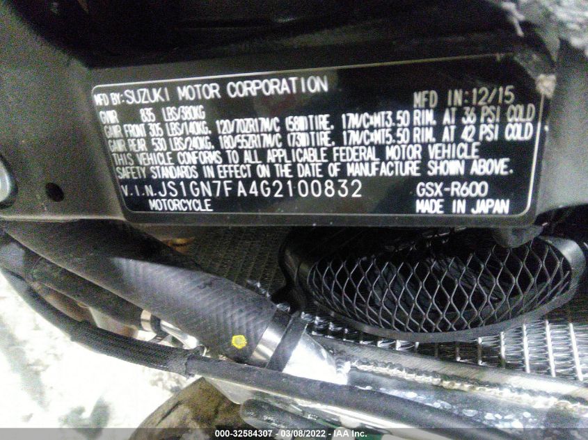 2016 SUZUKI GSX-R600 JS1GN7FA4G2100832