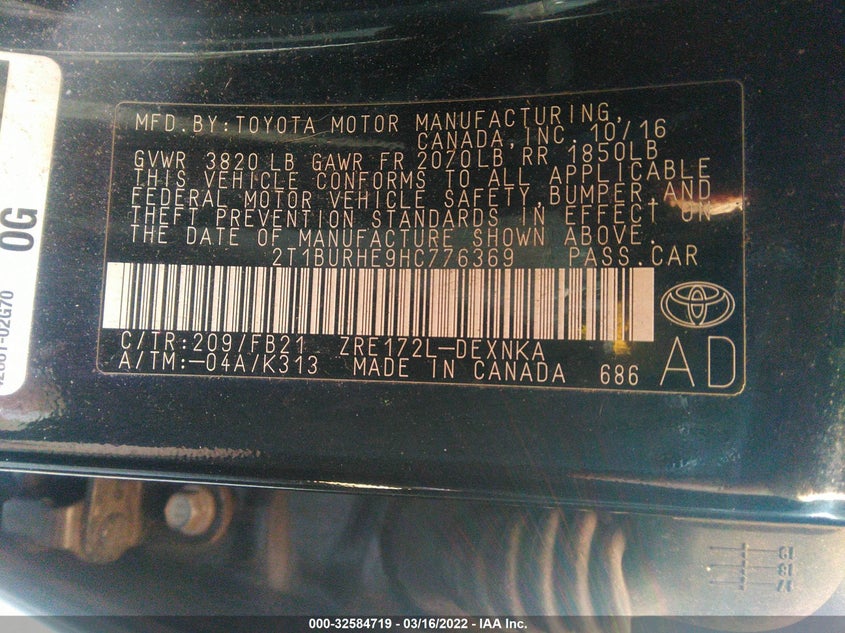 2017 TOYOTA COROLLA VIN: 2T1BURHE9HC776369