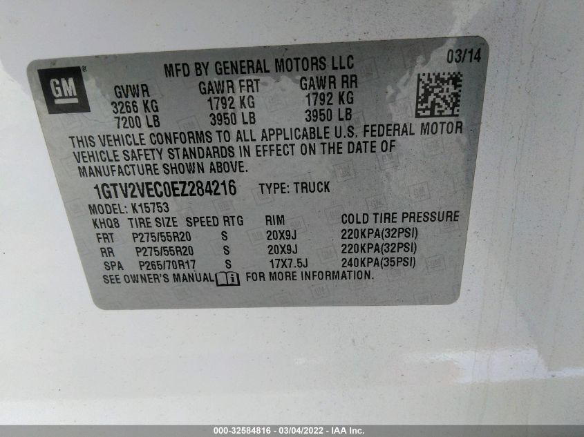 2014 GMC SIERRA 1500 SLT 1GTV2VEC0EZ284216