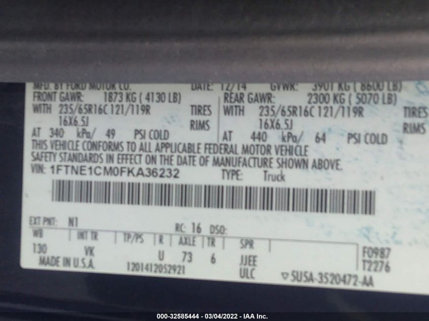 2015 FORD TRANSIT CARGO VAN 1FTNE1CM0FKA36232