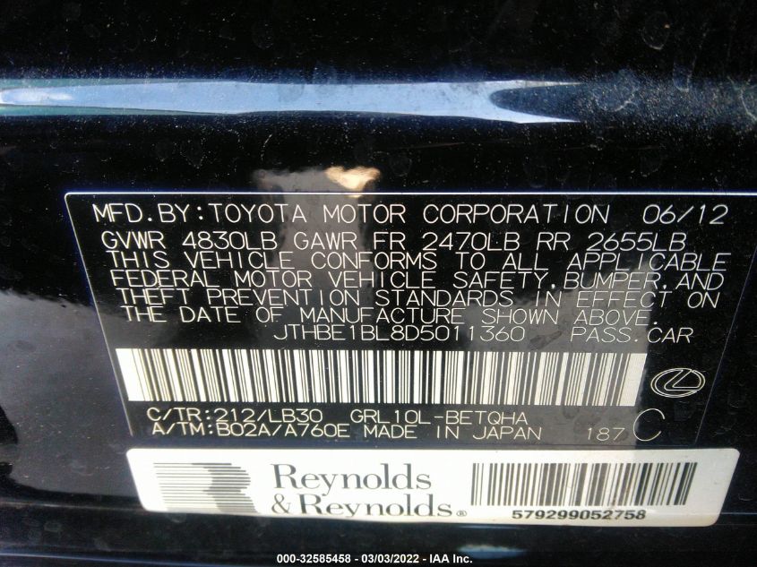 2013 LEXUS GS 350 JTHBE1BL8D5011360
