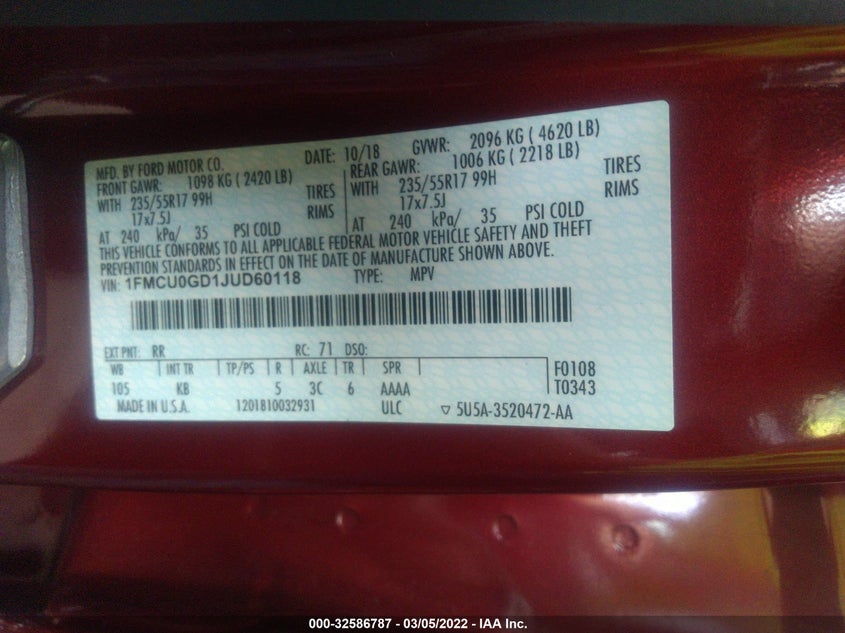 VIN 1FMCU0GD1JUD60118 2018 FORD ESCAPE SE