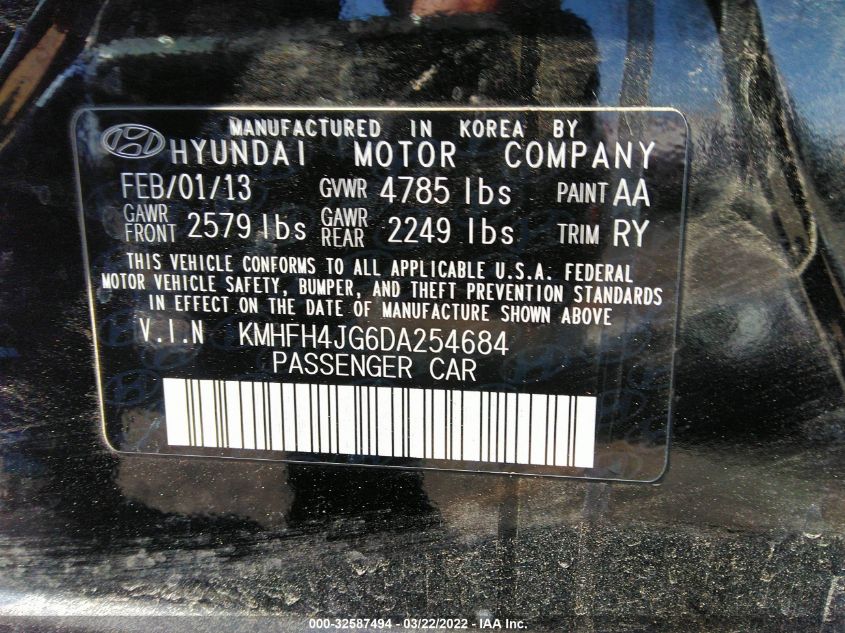 2013 HYUNDAI AZERA KMHFH4JG6DA254684
