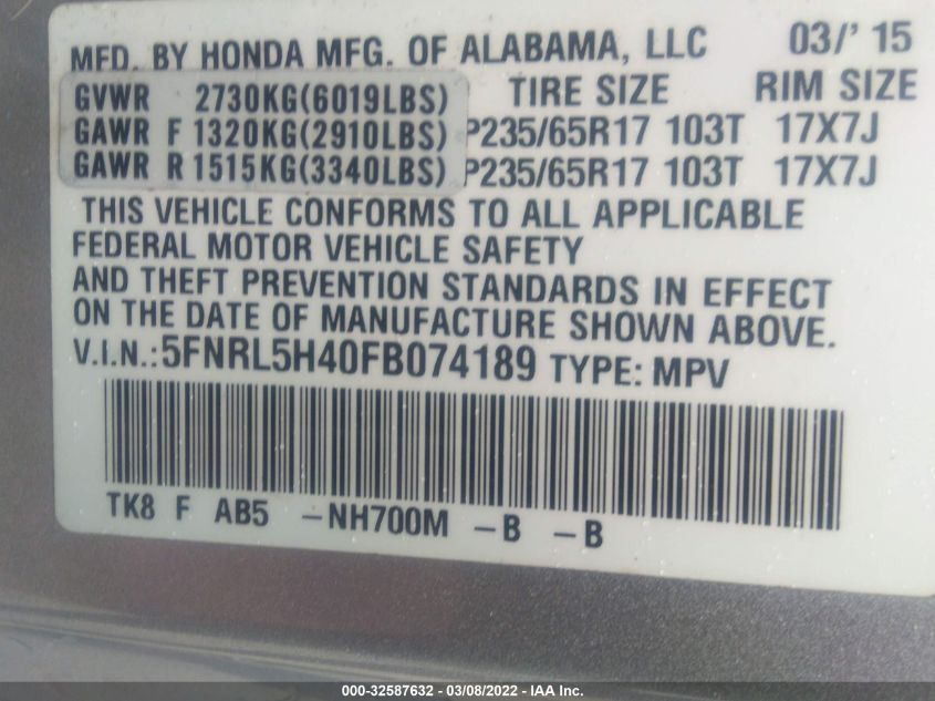 2015 HONDA ODYSSEY EX 5FNRL5H40FB074189