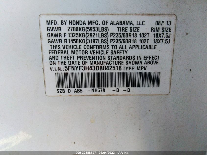 2013 HONDA PILOT EX 5FNYF3H43DB042518
