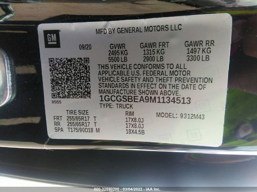 2021 CHEVROLET COLORADO 2WD WORK TRUCK 1GCGSBEA9M1134513
