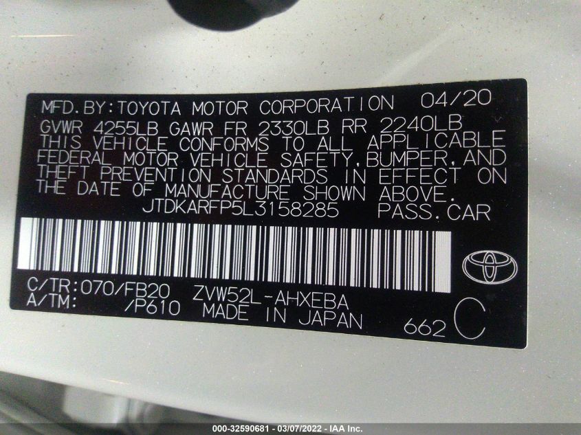 2020 TOYOTA PRIUS PRIME LE/XLE/LIMITED JTDKARFP5L3158285