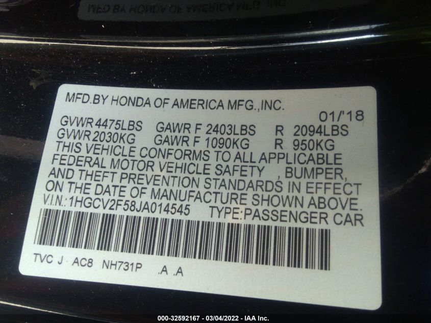 2018 HONDA ACCORD SEDAN EX-L 2.0T 1HGCV2F58JA014545