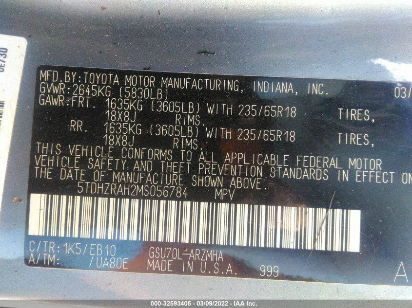 2021 TOYOTA HIGHLANDER XLE 5TDHZRAH2MS056784