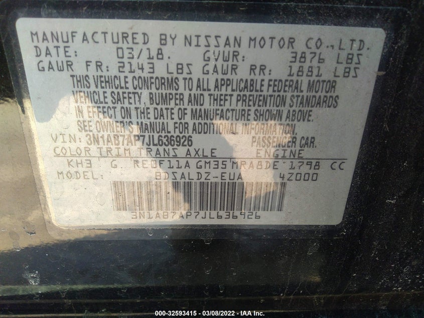 VIN 3N1AB7AP7JL636926 2018 NISSAN SENTRA SV