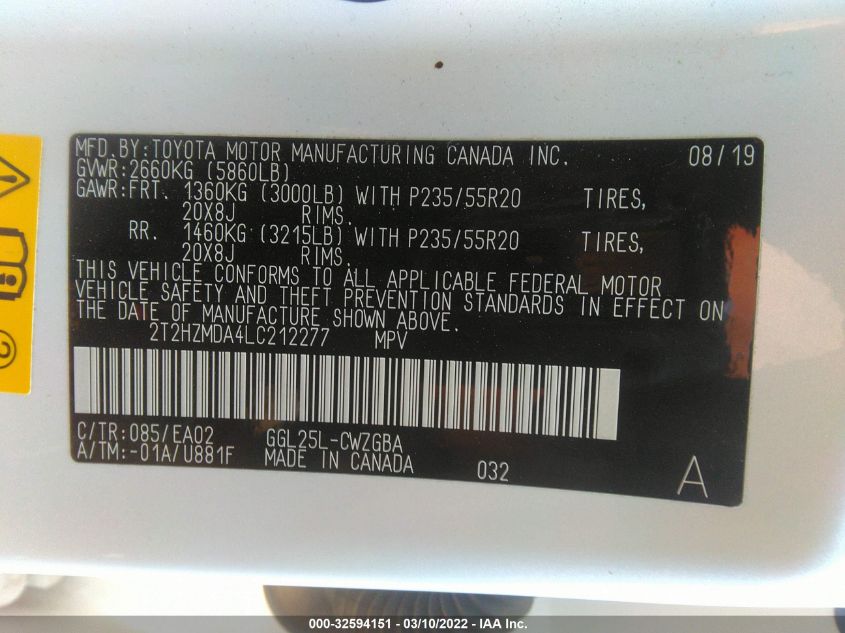 2020 LEXUS RX RX 350 2T2HZMDA4LC212277