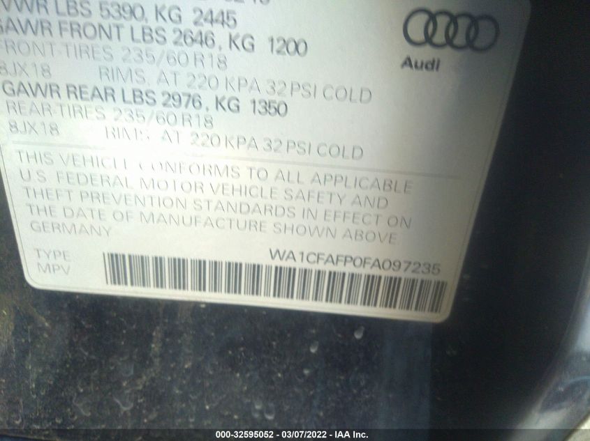 2015 AUDI Q5 PREMIUM WA1CFAFP0FA097235