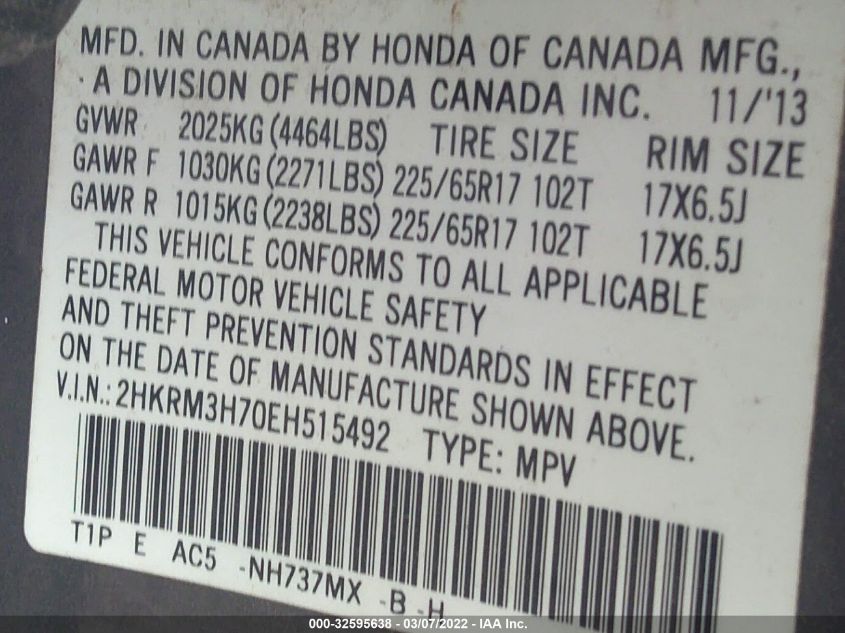 2014 HONDA CR-V EX-L 2HKRM3H70EH515492