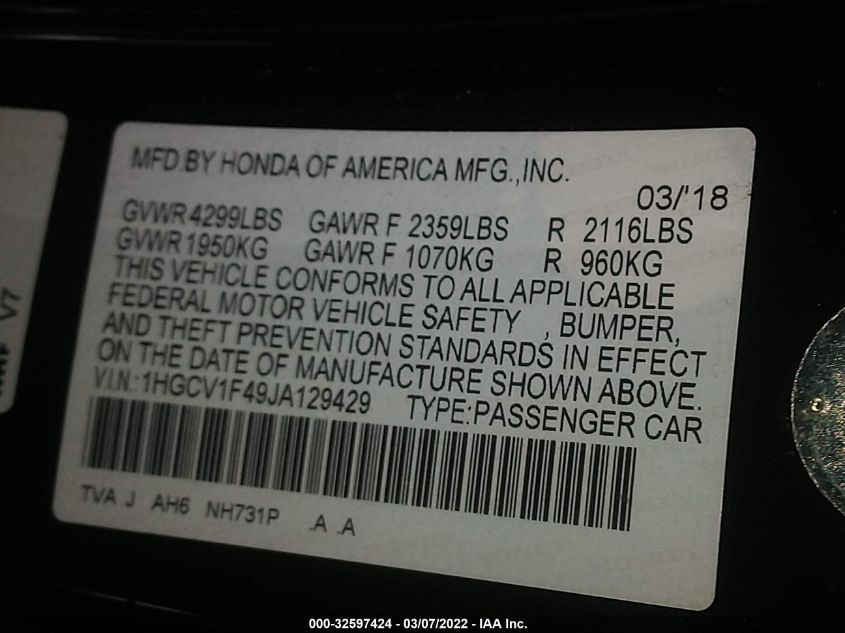 2018 HONDA ACCORD SEDAN EX 1.5T 1HGCV1F49JA129429