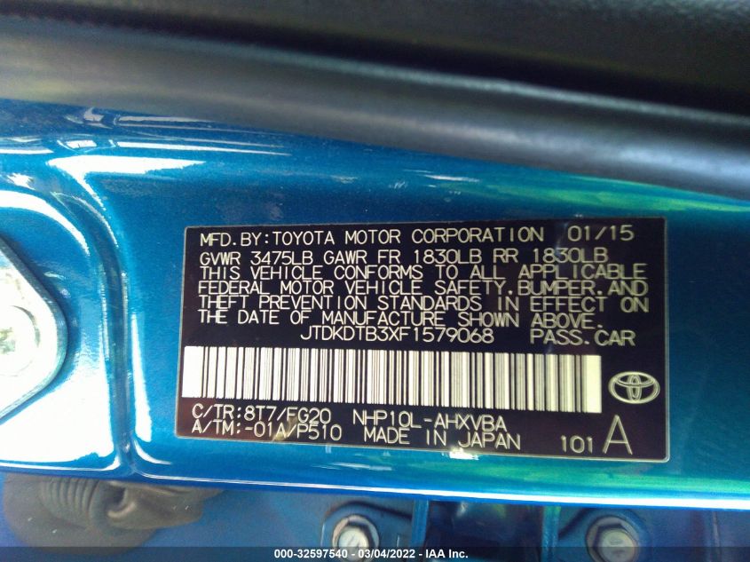 2015 TOYOTA PRIUS C ONE/TWO/THREE/FOUR JTDKDTB3XF1579068