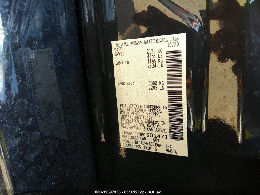 2021 NISSAN MAXIMA PLATINUM 1N4AA6FV9MC501471