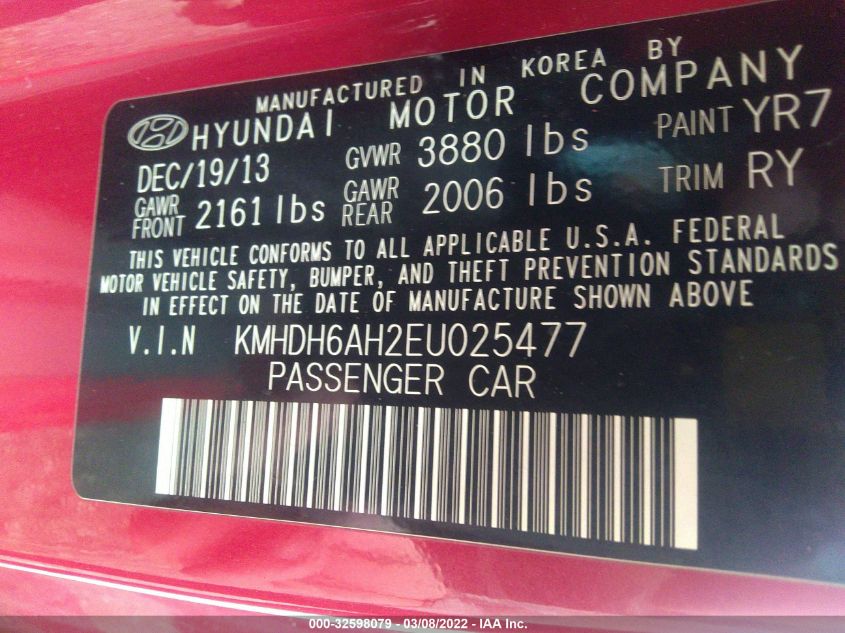 2014 HYUNDAI ELANTRA COUPE KMHDH6AH2EU025477