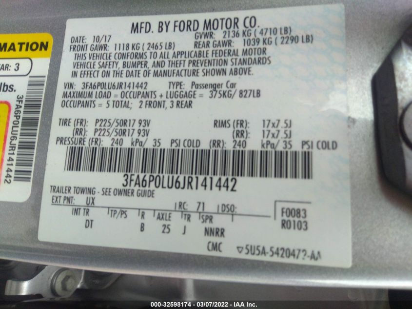 2018 FORD FUSION HYBRID SE 3FA6P0LU6JR141442
