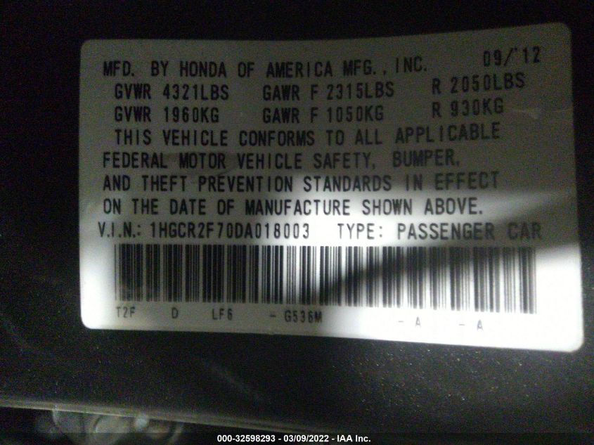 2013 HONDA ACCORD SDN EX 1HGCR2F70DA018003