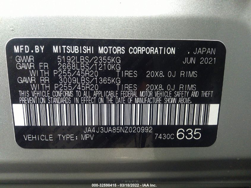 2022 MITSUBISHI OUTLANDER SE JA4J3UA85NZ020992