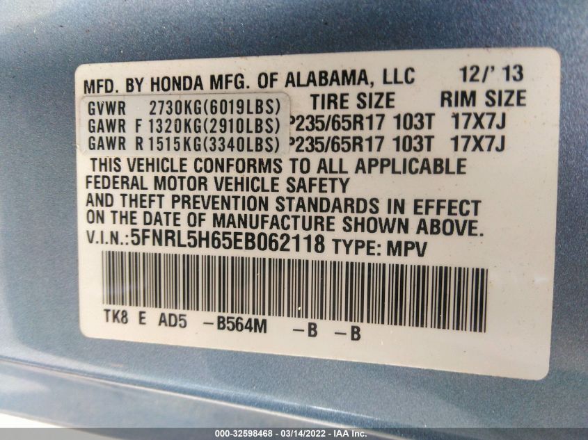 2014 HONDA ODYSSEY EX-L 5FNRL5H65EB062118