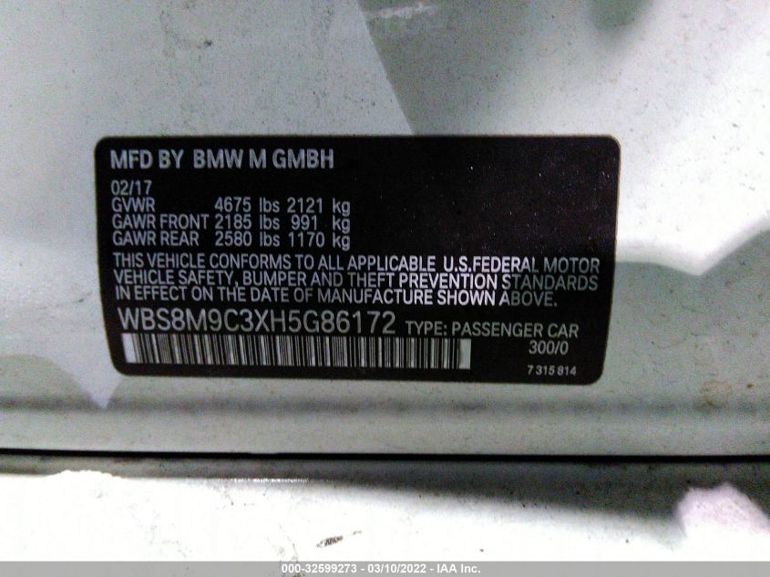 2017 BMW M3 WBS8M9C3XH5G86172