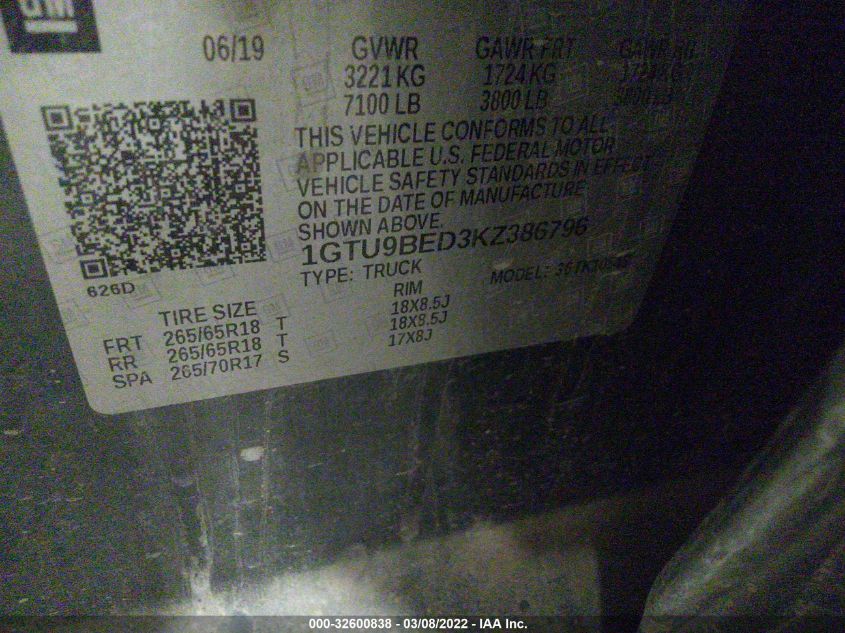 2019 GMC SIERRA 1500 SLE 1GTU9BED3KZ386796