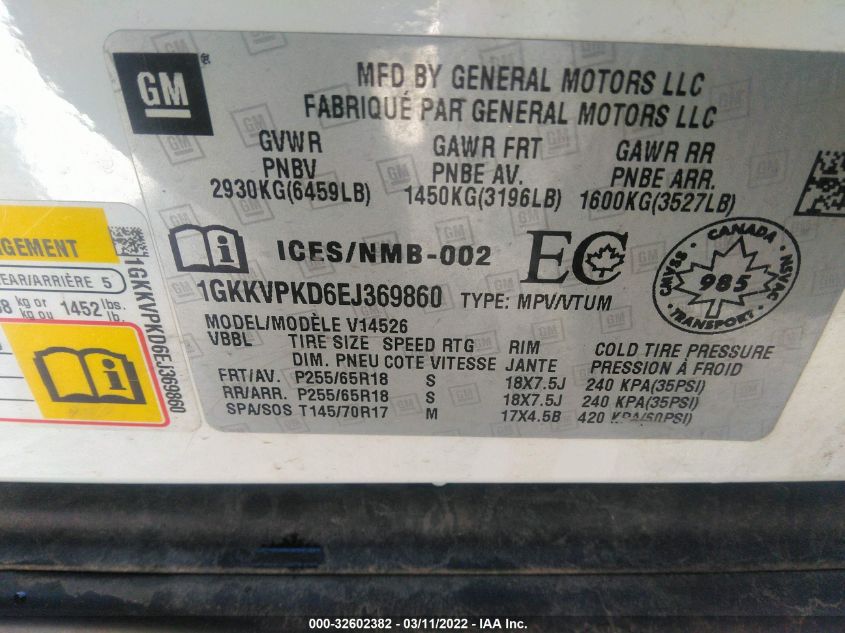 2014 GMC ACADIA SLE 1GKKVPKD6EJ369860