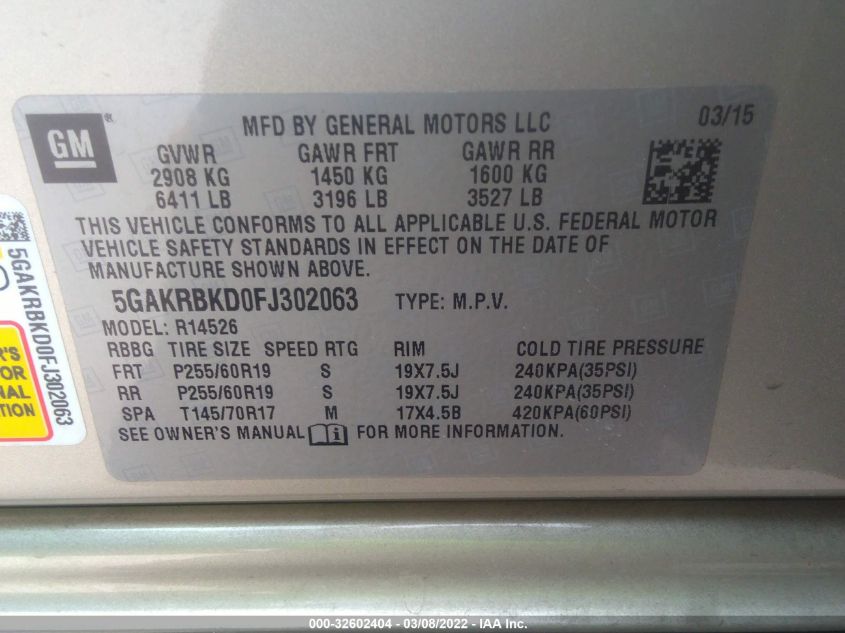 2015 BUICK ENCLAVE LEATHER 5GAKRBKD0FJ302063