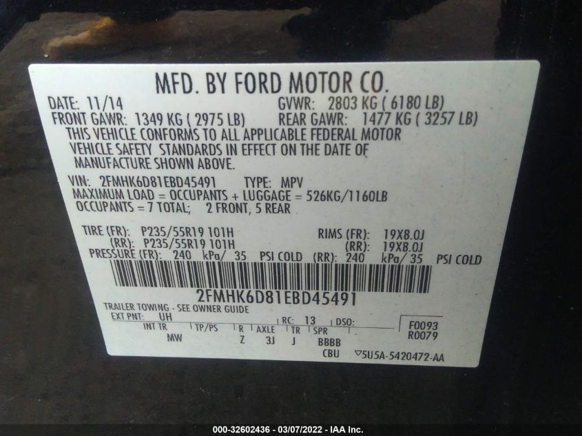 2014 FORD FLEX LIMITED 2FMHK6D81EBD45491