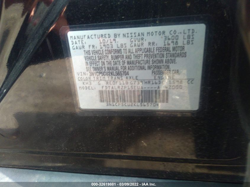 2019 NISSAN KICKS S 3N1CP5CU2KL565704