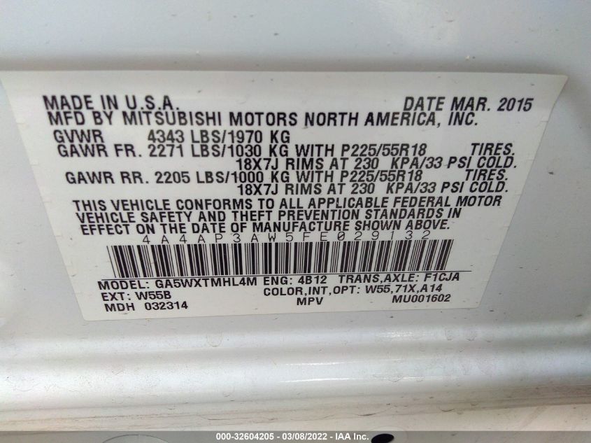 2015 MITSUBISHI OUTLANDER SPORT 2.4 ES 4A4AP3AW5FE029132