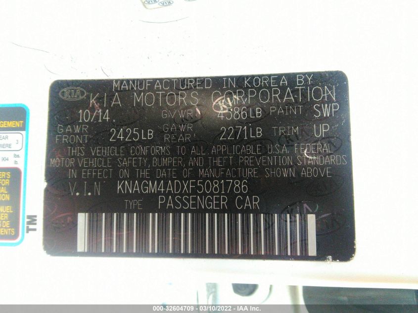 2015 KIA OPTIMA HYBRID KNAGM4ADXF5081786
