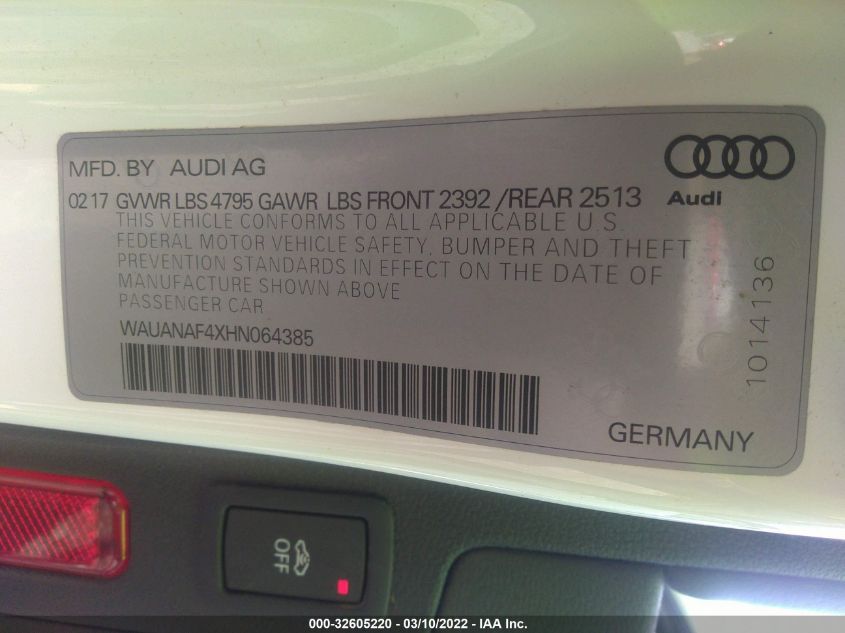 2017 AUDI A4 PREMIUM WAUANAF4XHN064385