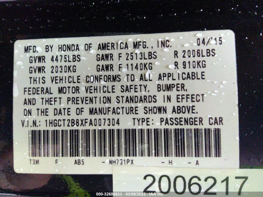 2015 HONDA ACCORD COUPE EX-L 1HGCT2B8XFA007304