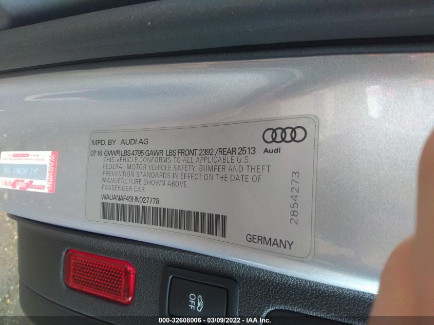 2017 AUDI A4 PREMIUM WAUANAF49HN027778